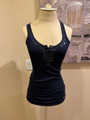 Camiseta sin mangas Hollister So Cal elástica azul marino acanalada con cuentas abotonadas para mujer S Foto 1 de 4