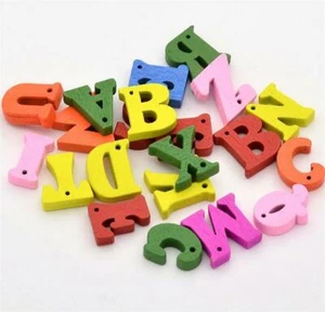 26 ALPHABET LETTER WOODEN CHARMS PENDANTS 15mm A - Z  MIXED COLOURS  W10 - Picture 1 of 2