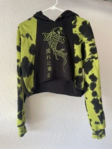 Empyre Japanese Koi Fish Crop Top Pullover Hoodie Green Tie Dye Girls 10/12 - Picture 1 of 6