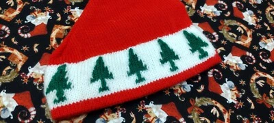 Santa Beanie Cute Baby Toddler Christmas Trees Red Cone Cap Hat vintage 1980s - Image 1 of 4