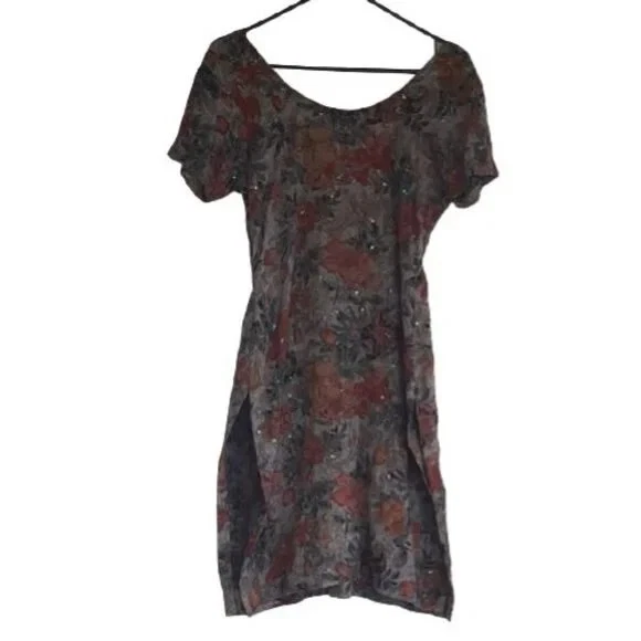 Vintage 90s Sequin Dress Size S Floral Short Sleeve Brown FRIENDS - Image 1 of 4