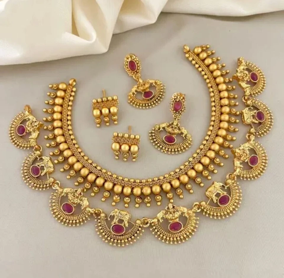 Gargantilla Kundan india Bollywood chapada en oro collar nupcial pendientes conjunto de joyería Foto 1 de 1