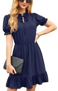 2023 Women Casual Summer Dress Tie Neck Ruffle Short Sleeve High Waist A-Line... - Picture 1 of 6