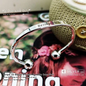 Free Engraving - 925 Silver Baby Boys Girls Torque ID Bangle ✔️8mm Ball ✔️Solid - Picture 1 of 11