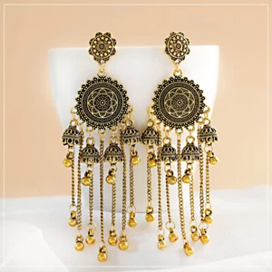 Round Bell Flower Drop Dangle Jhumka Ethnic Long Chain Women Gypsy Boho Earrings - Picture 1 of 33
