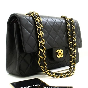 p82 CHANEL Authentic Classic Double Flap 10" Chain Shoulder Bag Black Lambskin - Picture 1 of 21