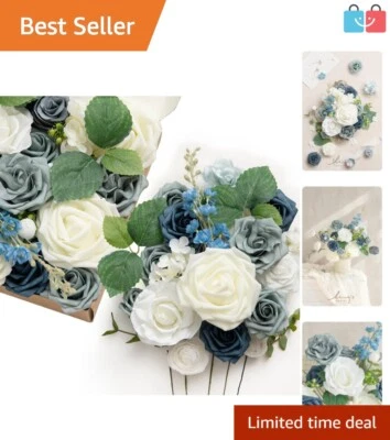 Elegante caja de flores de imitación: rosas de seda azules y marfil polvorientas para bodas y decoración Foto 1 de 4