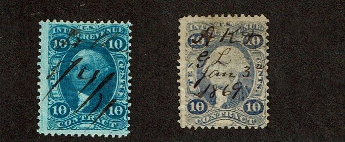 1862-71 Revenue First Issue Wash.10c Blue CONTRACT Lot of 2 Sc#R33c Pen See Note - Image 1 of 1