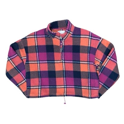 American Eagle Plaid Sherpa Fleece Quarter Zip Size Small Cropped Purple Orange - Imagem 1 de 4