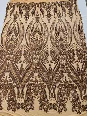 Big Damask Sequin - Mocha - Damask Sequin  4 Way Stretch Mesh Yard - Image 1 of 4