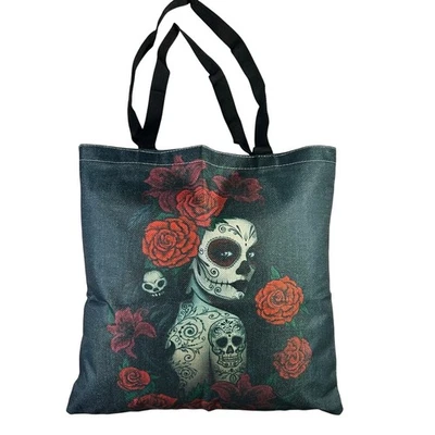 Bolso de Mano Día de los Muertos Calavera de Azúcar Rosas Lona Doble Asa Foto 1 de 3