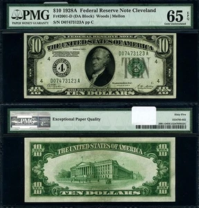 FR. 2001 D $10 1928-A Federal Reserve Note Cleveland D-A Block Gem PMG CU65 EPQ - Picture 1 of 3