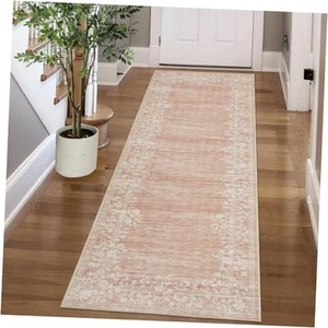 Washable Runner Rug 2x6 Modern Non Slip Kitchen Rugs Floral Bordered Pink Area - Picture 1 of 8
