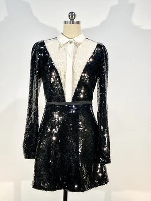 Nuevo Mini Vestido GIAMBATTISTA VALLI $4270 Negro Lentejuelas Encaje Línea A talla 38/2/4/S Foto 1 de 4