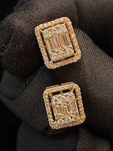 1.10 Cts Round Baguette Cut Natural Diamonds Stud Earrings In 585 Fine 14K Gold