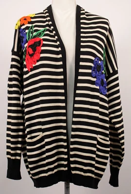 复古女式 80 年代 90 年代黑白条纹 Escada 开衫毛衣 M/L 20 世纪 90 年代 — 第 1/4 张图片