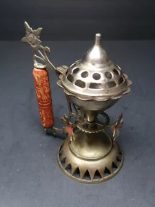 Antique India Metal Incense Burner With Wooden Red Handle 7" Tall - Picture 1 of 12