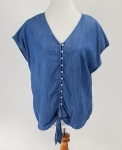 Camisa Top Denim Talbots Talla LP Grande Pequeña Botón y Corbata Frontal Azul - Imagen 1 de 5