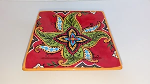 Espana Lifestyle Rossario 8" Square Salad Plate 8" x 8" Hand Painted Red Gold - Picture 1 of 5