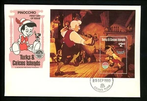 Disney FDC Turks & Caicos #451 S/S Christmas 1980 Pinocchio Jiminy Cricket 1980 - Picture 1 of 2