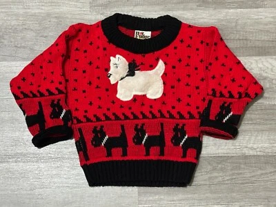 Suéter pulôver vintage anos 80 Scottie Dog vermelho e preto tamanho infantil juvenil - Imagem 1 de 4