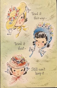 Vtg Birthday Card Adorable Little Lady Trying Different Hats To Cover Up Cake - Bild 1 von 3