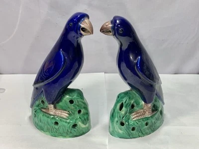 A Pair Chinese 19th Deep Navy Blue Parrot Ceramic Figures  - Image 1 of 4