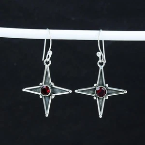 925 Sterling Silver Red Garnet Gemstone Handmade Jewelry Earring Size-1.5" - Picture 1 of 5