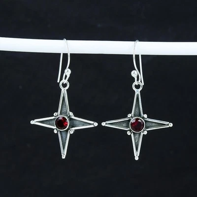 925 Sterling Silver Red Garnet Gemstone Handmade Jewelry Earring Size-1.5" - Image 1 of 4