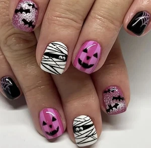 24pcs Halloween Pink Black Short Push On Press On Stick On Nails - Picture 1 of 2