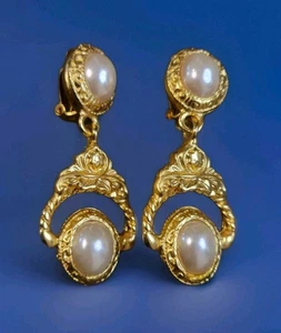 Vintage Givenchy Ornate Drop Earrings Matte Gold Faux Pearl Dangle Doorknocker - Picture 1 of 6
