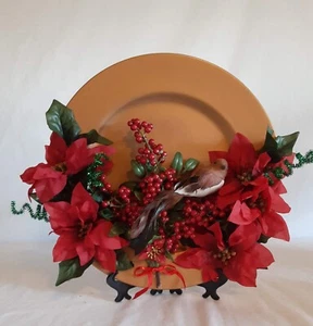 Hand Crafted Flower Arrangement Table Or Wall Decor on Gold Plate 13" - Picture 1 of 2