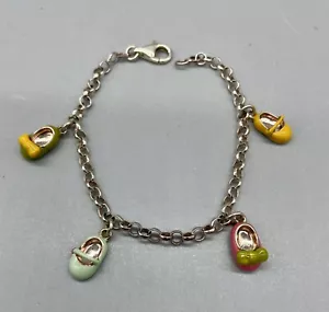 Vintage Sterling Silver Baby Bootie Mary Jane Shoes Enamel Charm Bracelet - Picture 1 of 12