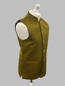 Boys Swirl Design Mehndi Green Jamawar Waistcoat - Picture 1 of 4