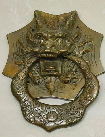 6" Antique style Folk Home Copper Fu Foo Dog Lion Lions Head Door Knocker Statue Cover
