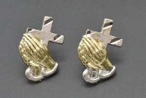 Real 10K Yellow White Gold Two-Tone Praying Hands with Cross Stud Earrings 2.1gr - Picture 1 of 6