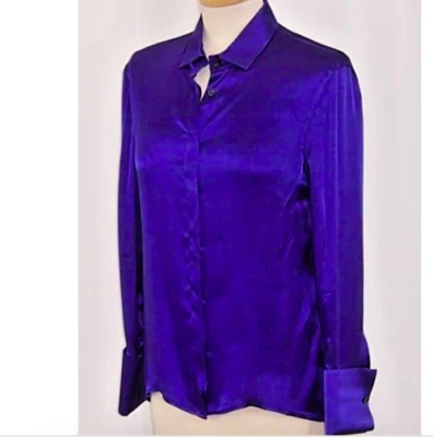 Blusa de seda Armani camisa gemelos PVP £300 42 azul violeta aprox 38 pulgadas pecho  Foto 1 de 4