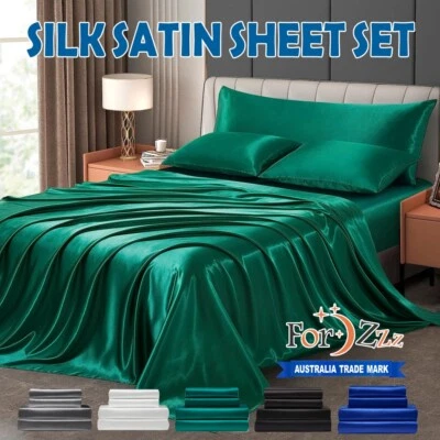 Hotel 4 Pieces Silk Satin Flat Fitted Sheet Bed Set Single Double Queen King Bed - image 1 of 4