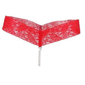 Women Crotchless Panties  Lace  Underwear Pearls Strings Red