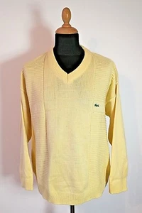 Vintage Lacoste V Neck Sweater Men M Yellow Jumper 100% Cotton Retro Pullover - Picture 1 of 11