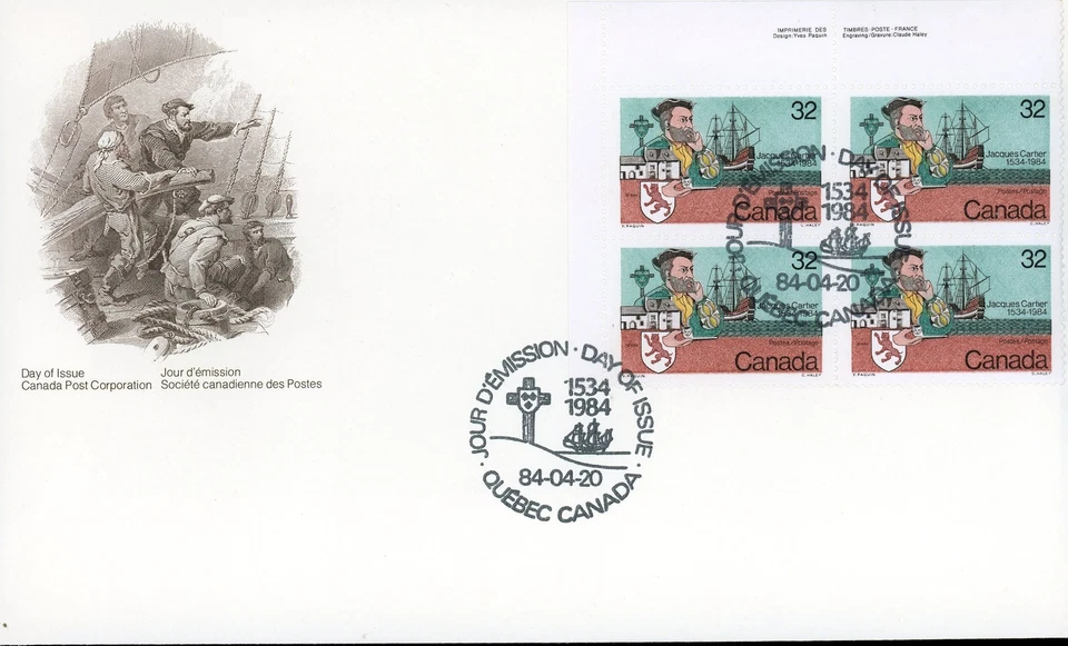 Canadá FDC--PB#1011 V2 - Cartier y envío (1984) 32¢ Contiene 1011ii y 1011iv Foto 1 de 1