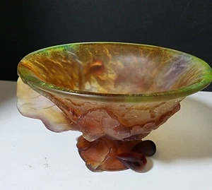 DAUM PATE-DE-VERRE CUENCO DE VIDRIO HIGO Y LAGARTO RARO Firmado Daum Francia Ámbar Verde - Imagen 1 de 18