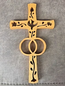Cross Double Ring Dove Handmade Yellowheart Wood Cross wall / table /desk Gift - Picture 1 of 1