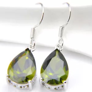 Genuine Olive Peridot Gemstone Silver Drop Hook Earrings For Woman - Picture 1 of 6