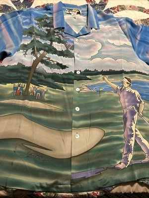 P.d. CAMISA DE SEDA MULTICOLOR LG. Byrd vintage pintada a mano sobre seda tema golf. Foto 1 de 4