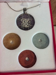 Vintage Jade Sterling Necklace 4 Interchangeable Jade Disc Pendant Set Dragon KC - Picture 1 of 12