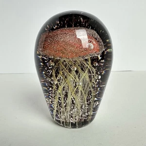 Orange Jellyfish Art Glass Paperweight Black Background with Bubbles 4.25” - Picture 1 of 7