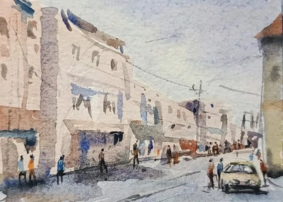 original watercolor painting ACEO town street architecture people Car Sky SIBY - Image 1 of 3