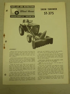 1964 WHEEL HORSE SNOW  THROWER ST-375 PARTS MANUAL - Picture 1 of 1