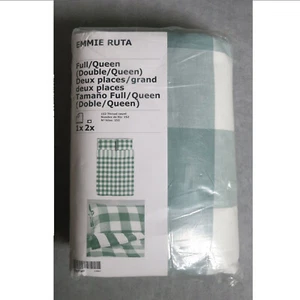 IKEA Emmie Ruta QUEEN Full Duvet Cover w Pillowcases Set GREEN Buffalo Check - Picture 1 of 7